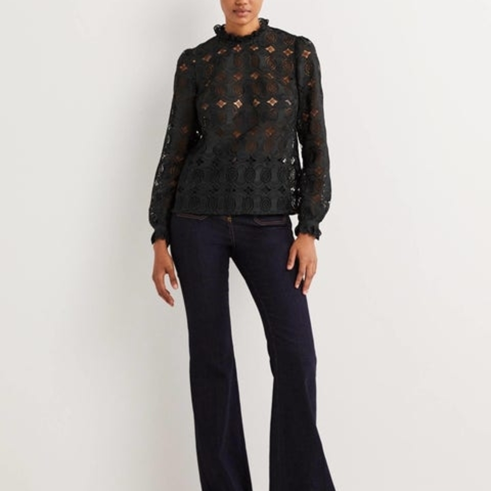 Boden Women's Black Lace Highneck Ruffle Blouse